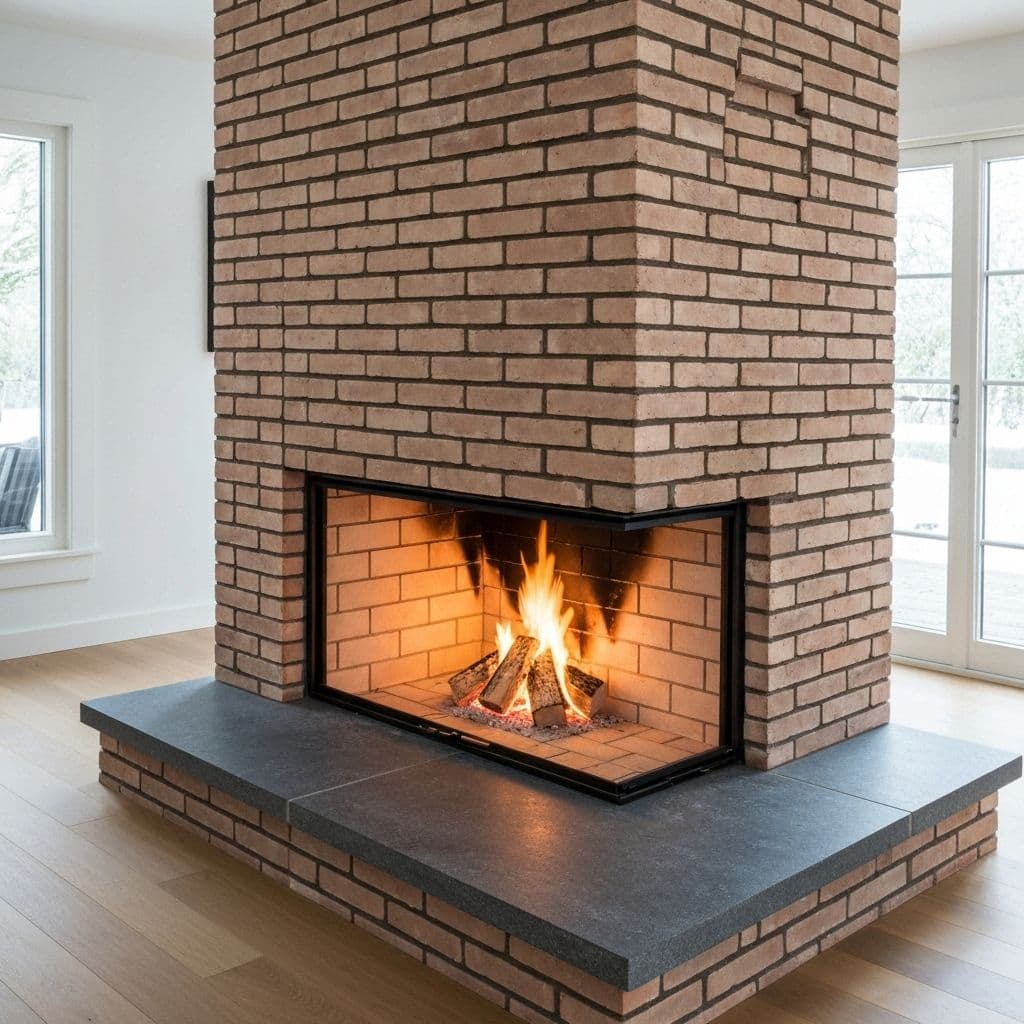 Modern brick chimney and fireplace interior